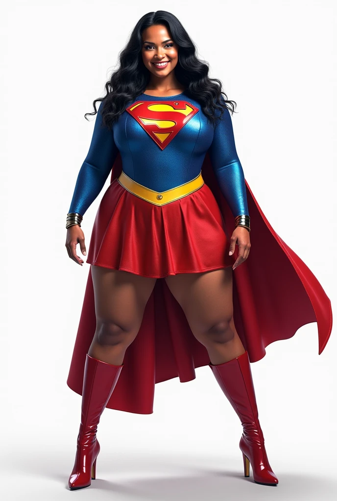 dominican, visible from a white shirt (((masterpiece, highest quality)), yoga white pants, wearing supergirl costume (white, yellow, blue, and red), 1 girl, (photorealistic: 1.4), enormous breasts, blue eyes, smiling, solo, white background, black hair, wavy hair, absolute area, skirt, ((full body)), HD, high quality, very detailed, hyper realistic, outer space, cinematic video, dramatic