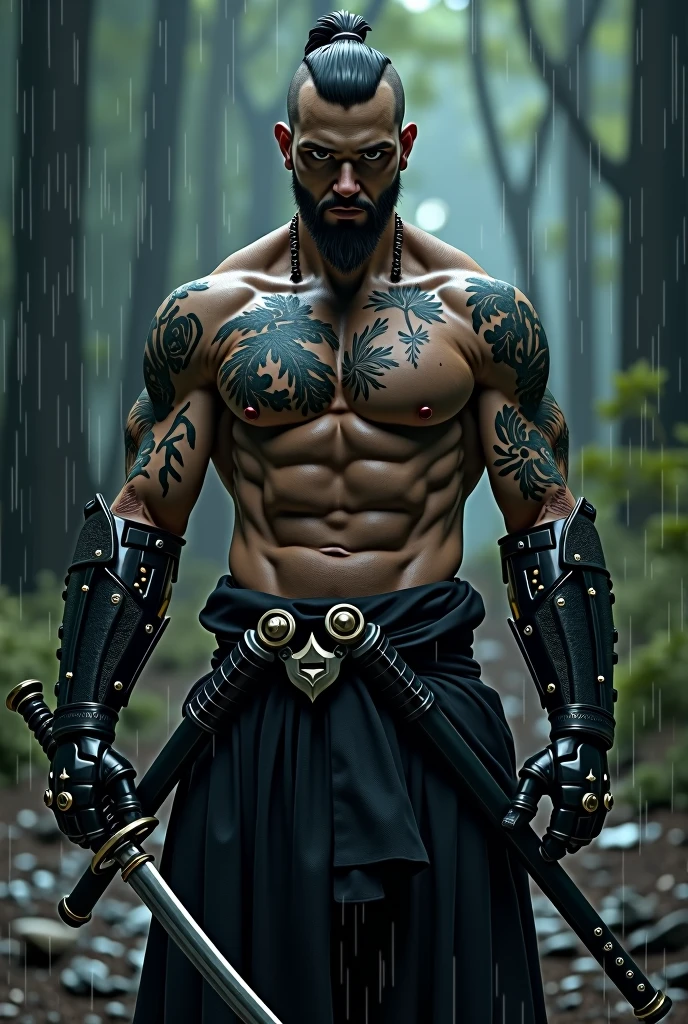 A black samurai, shirtless with a sword and robotic arm