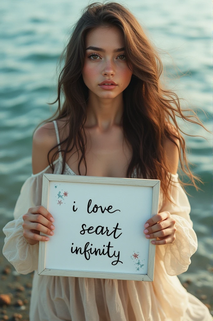 Beautiful girl with wavy long hair, bohemian dress, holding a white board with text "I Love Seaart Infinity" and showing it to the viewer