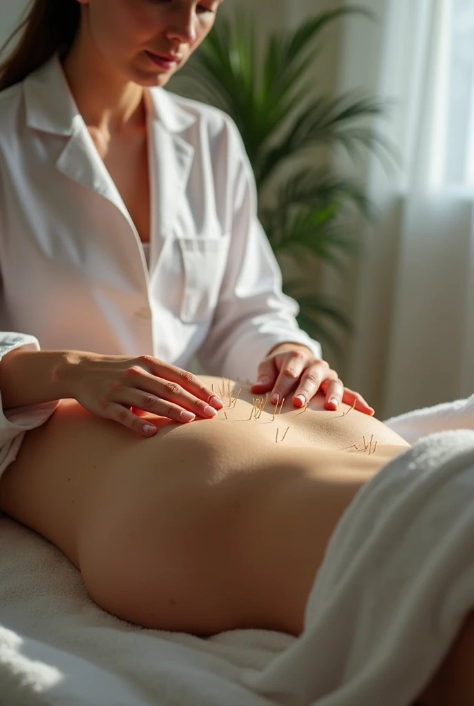 High resolution realistic image, high contrast, bright and pleasant colors of an acupuncture session. Where you see the therapist in a lab coat inserting needles into a naked patient, The patient's private parts are not visible because she is wearing a towel., but you can sense some very sexy curves