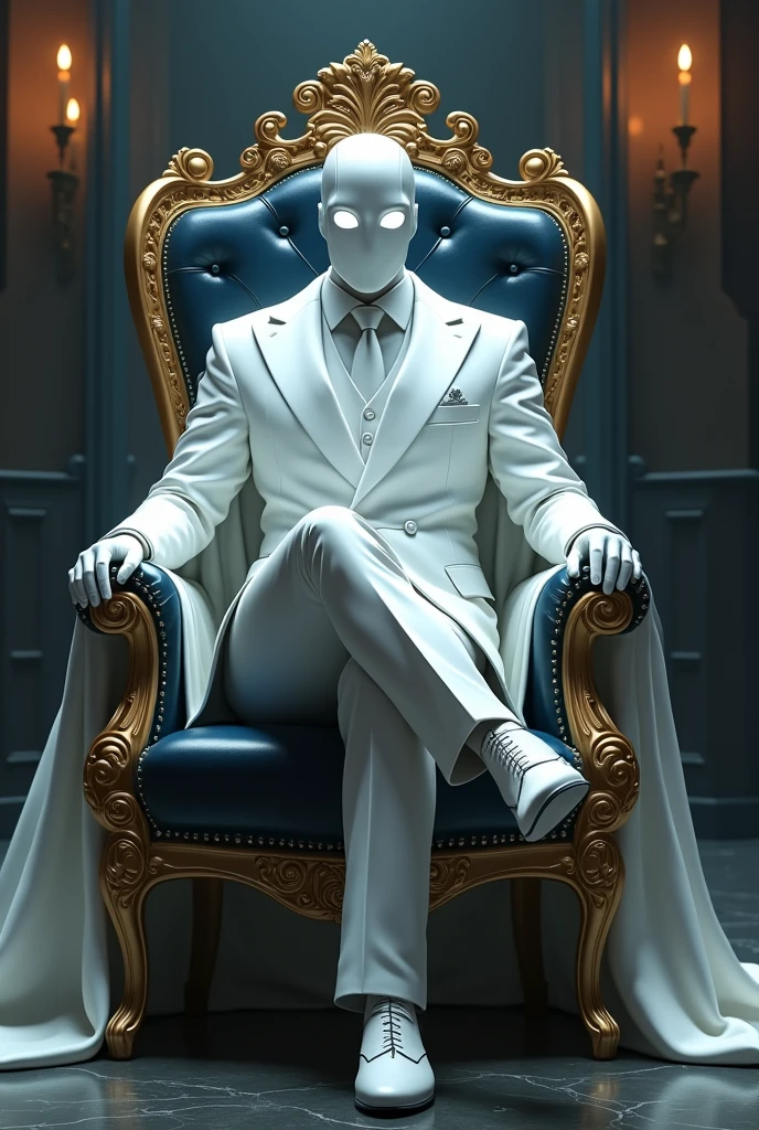 A heroic figure inspired by Moon Knight from Marvel, wearing a full white suit, including a white tie, white gloves, and polished white shoes. His cape elegantly drapes over the back of the chair as he sits on a large, regal throne with intricate gold and silver designs. The throne is set in a dark, moody room lit by dim candlelight, contrasting with his bright, pristine outfit. The hero's expression is calm yet intense, with his eyes glowing faintly through his white mask. His posture exudes power and control as he rests his hands on the armrests of the throne