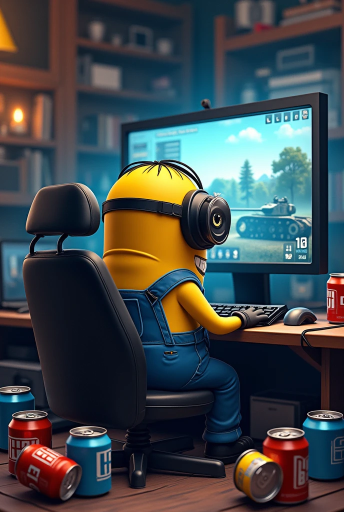 Minion is sitting behind us at the computer and playing "war thunder" besides, he has a lot of cans of beer, 