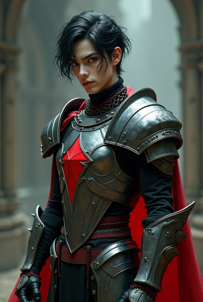 Create an androgynous male paladin, who follows the oath of damnation, and has black hair, light green eyes, serene countenance, your skin is pale, and is wearing chainmail armor of a metallic color with red accents