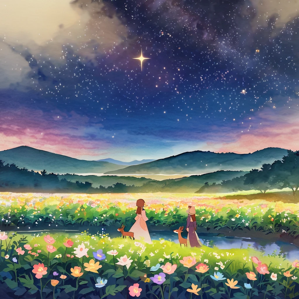 Flower Field, hiking, plateau, spring、fantastic night forest,many kinds of flowers,shining stars,fawn,glowing plants,medieval long dress,(sit in the bushes and look at the lake),mysterious dark night sky,watercolor illustration