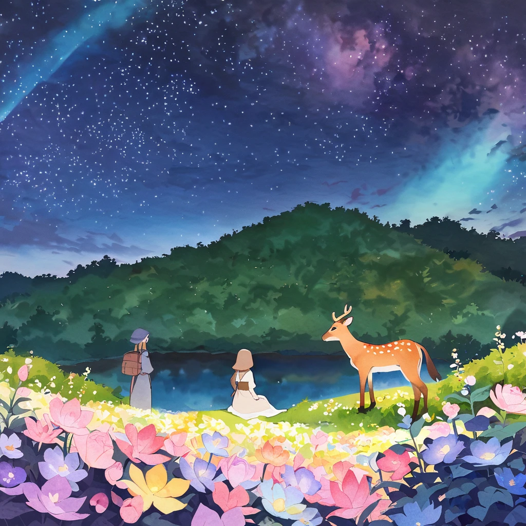 Flower Field, hiking, plateau, spring、fantastic night forest,many kinds of flowers,shining stars,fawn,glowing plants,medieval long dress,(sit in the bushes and look at the lake),mysterious dark night sky,watercolor illustration