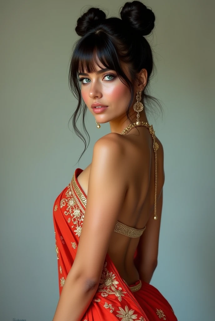 Mexican A beautiful pale-skinned Latina , eyes blue, full body, perfect body, two buns, straight bangs, (best quality,4k,8k,highres,masterpiece:1.2),ultra-detailed,(realistic,photorealistic,photo-realistic:1.37),HDR,UHD,studio lighting,ultra-fine painting,sharp focus,physically-based rendering,extreme detail description,professional,vivid colors,bokeh,portraiture,glamour,sensual,alluring,wear sharara and kurti, in style of Retna, full body
