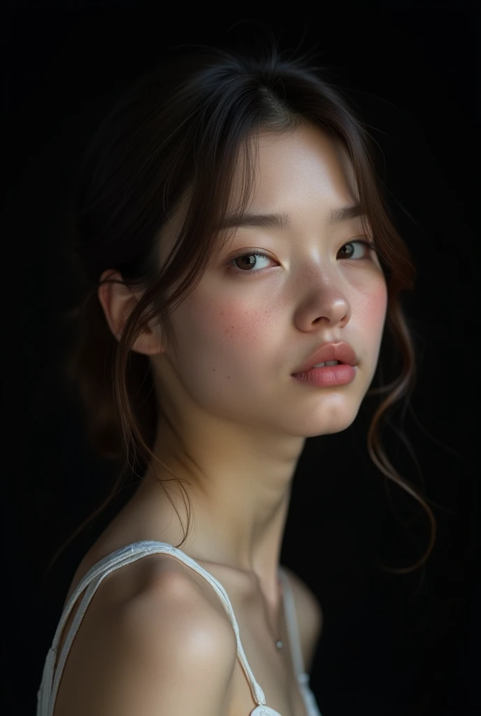 masterpiece, best quality, extremely detailed, hyperrealistic, photorealistic,  black background,  ultra detailed face, beautiful  girl, nude, serene
