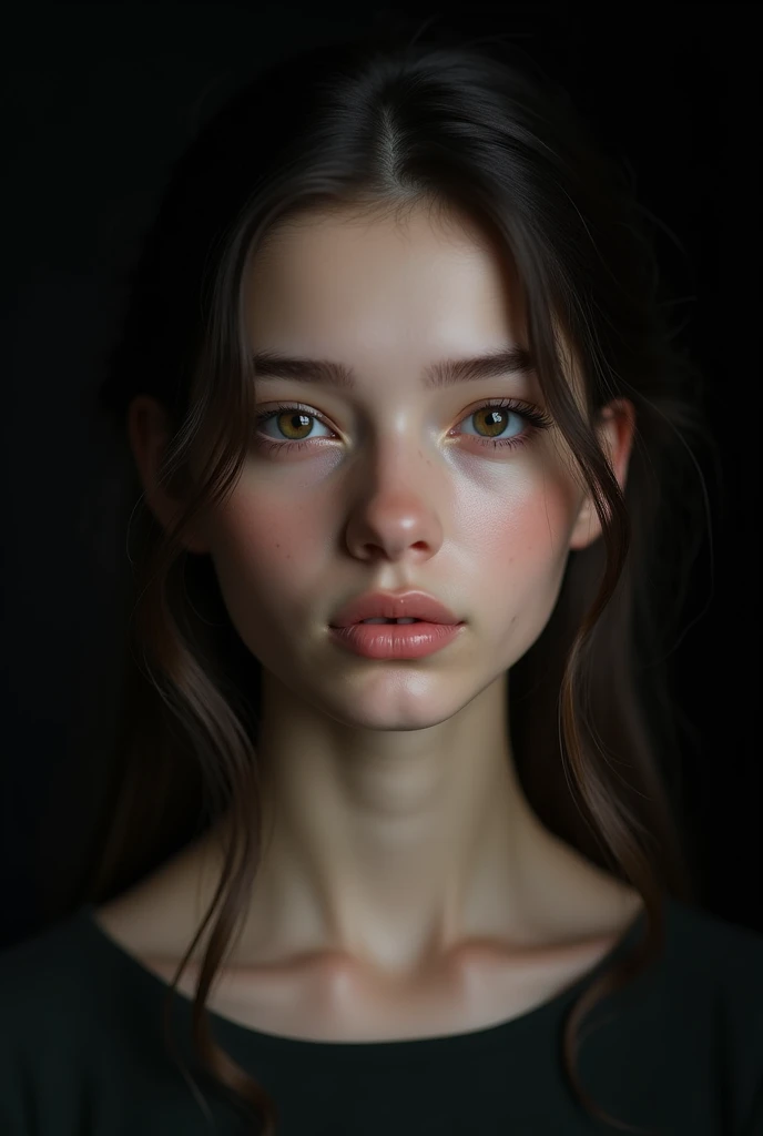 masterpiece, best quality, extremely detailed, hyperrealistic, photorealistic, black background, ultra detailed face, beautiful girl, nude, serene