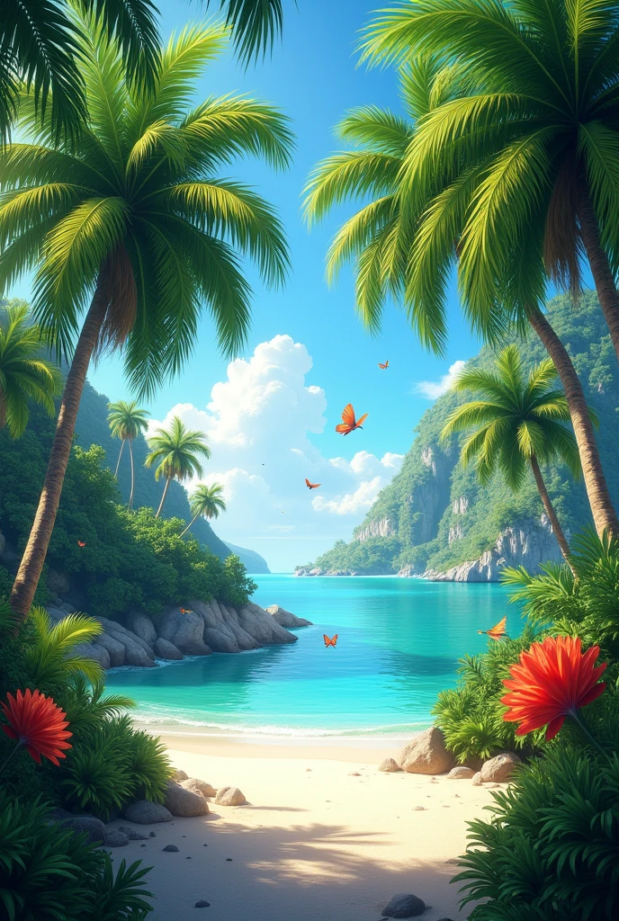 generates an image of a lost island without people and with more lively palm trees