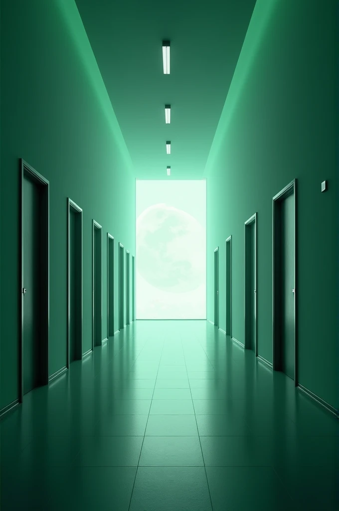 There is a very long hotel corridor on the front side of which is a very big window and from there there is moonlight, the walls on both sides are of light green color and there are doors.
