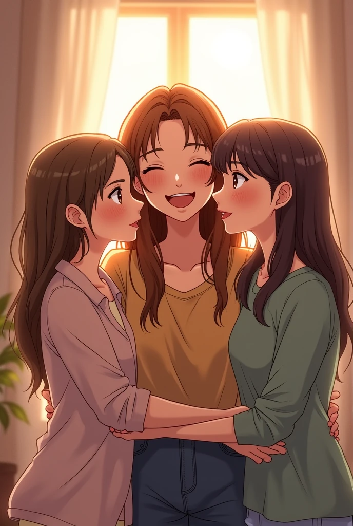 Create a lineart illustration Scene: Illustrate the moment when Marine comments on feeling like she’s come home, with a big smile on her face. Thereza and Claire can be shown exchanging happy and proud glances. The scene can emphasize the emotional connection between the three characters, with Marine at the center, being welcomed by Claire and Thereza.