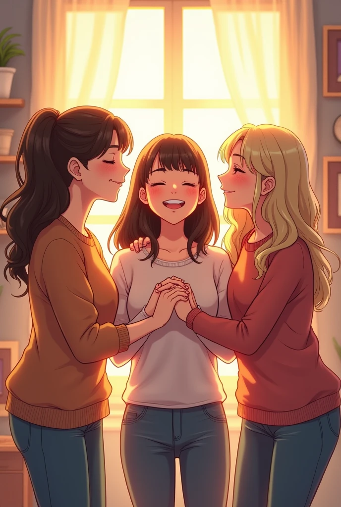 Create a lineart illustration Scene: Illustrate the moment when Marine comments on feeling like she’s come home, with a big smile on her face. Thereza and Claire can be shown exchanging happy and proud glances. The scene can emphasize the emotional connection between the three characters, with Marine at the center, being welcomed by Claire and Thereza.