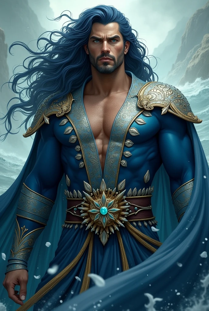 A 34-year-old man with a robust and dominant appearance, with long, wavy hair in a navy blue shade that seems to flow like the waves of the sea. His eyes are a deep green, reflecting the depth of the oceans it governs. He wears a blue and silver robe, adorned with shells and maritime symbols. His physique is imposing, with broad shoulders and a posture that conveys the power and strength of the waters.