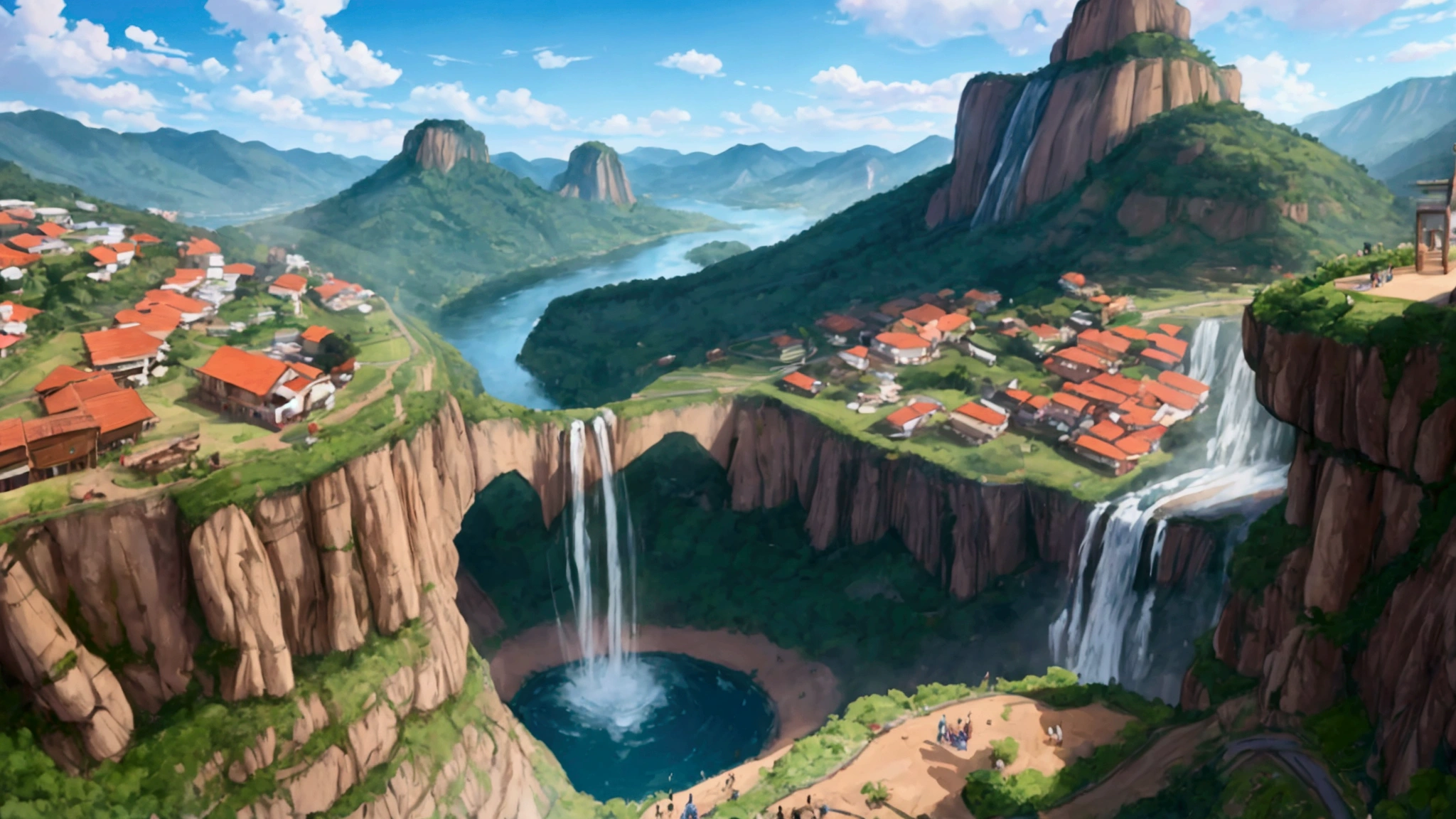 "Create a vibrant and detailed panoramic scene that captures the essence of Tocos do Moji, a small town nestled in the Serra da Mantiqueira mountains of Minas Gerais, Brazil. The image should feature towering mountains, including the prominent central peak split by the winding Mogi Guaçu River, which forms deep valleys and feeds into cascading waterfalls like the Zé Rita Waterfall. Surround the scene with lush green hills and rugged rock formations that define the natural landscape.
In the foreground, highlight the town's rich cultural heritage: depict the Lira Band performing in a central square, alongside the Orquestra de Violas and a local choir, showcasing the town's strong musical traditions. Include the fanfare, local artisans crafting traditional pieces, and representations of the iconic cornmeal pastel and strawberry farming, which are central to the town’s identity. Illustrate scenes of horse rides, local football games, and the lively celebrations of Carnival and New Year's Eve, all of which bring the community together.
Ensure the image reflects the harmony between the natural beauty and the vibrant cultural life of Tocos do Moji, creating a scene that celebrates both the stunning landscape and the deep-rooted traditions of this welcoming town."