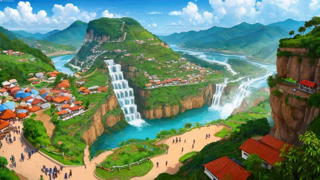 "Create a vibrant and detailed panoramic scene that captures the essence of Tocos do Moji, a small town nestled in the Serra da Mantiqueira mountains of Minas Gerais, Brazil. The image should feature towering mountains, including the prominent central peak split by the winding Mogi Guaçu River, which forms deep valleys and feeds into cascading waterfalls like the Zé Rita Waterfall. Surround the scene with lush green hills and rugged rock formations that define the natural landscape.
In the foreground, highlight the town's rich cultural heritage: depict the Lira Band performing in a central square, alongside the Orquestra de Violas and a local choir, showcasing the town's strong musical traditions. Include the fanfare, local artisans crafting traditional pieces, and representations of the iconic cornmeal pastel and strawberry farming, which are central to the town’s identity. Illustrate scenes of horse rides, local football games, and the lively celebrations of Carnival and New Year's Eve, all of which bring the community together.
Ensure the image reflects the harmony between the natural beauty and the vibrant cultural life of Tocos do Moji, creating a scene that celebrates both the stunning landscape and the deep-rooted traditions of this welcoming town."