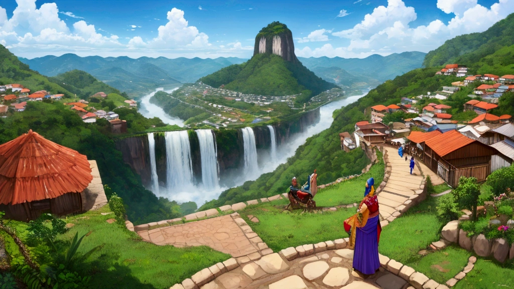 "Create a vibrant and detailed panoramic scene that captures the essence of Tocos do Moji, a small town nestled in the Serra da Mantiqueira mountains of Minas Gerais, Brazil. The image should feature towering mountains, including the prominent central peak split by the winding Mogi Guaçu River, which forms deep valleys and feeds into cascading waterfalls like the Zé Rita Waterfall. Surround the scene with lush green hills and rugged rock formations that define the natural landscape.
In the foreground, highlight the town's rich cultural heritage: depict the Lira Band performing in a central square, alongside the Orquestra de Violas and a local choir, showcasing the town's strong musical traditions. Include the fanfare, local artisans crafting traditional pieces, and representations of the iconic cornmeal pastel and strawberry farming, which are central to the town’s identity. Illustrate scenes of horse rides, local football games, and the lively celebrations of Carnival and New Year's Eve, all of which bring the community together.
Ensure the image reflects the harmony between the natural beauty and the vibrant cultural life of Tocos do Moji, creating a scene that celebrates both the stunning landscape and the deep-rooted traditions of this welcoming town."