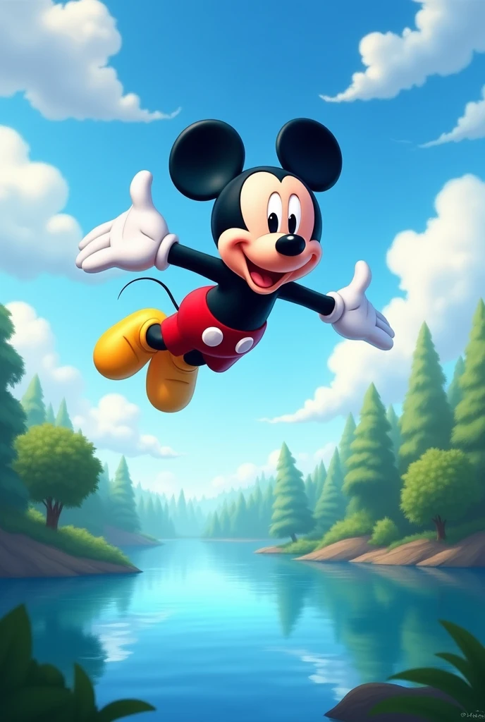 Mickey Mouse flies over the top of a lake