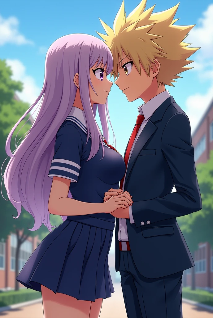 Make a 5’7 high school girl with a huge chest, long dirty blonde hair with lavender highlights, purple eyes, and in a UA High School uniform, with Katsuki Bakugou holding her hand