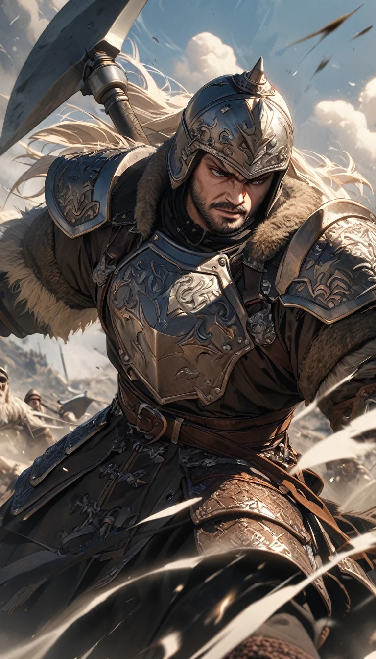 adult man, Russian Epic Hero, Russian Bogatyr, old Russian armor, battle axe, wind, helmet, blue eyes, Masterpiece, best quality, Full HD, 8k, ultra details, great graphic