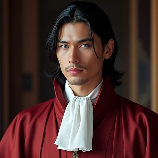 (photorealism:1.2), handsome man, waist-length black hair, narrowed blueish-gray eyes, fair skin, formal, elegant, fancy, well defined, extremely handsome man, formal, red robes, maroon robes, dark red robes