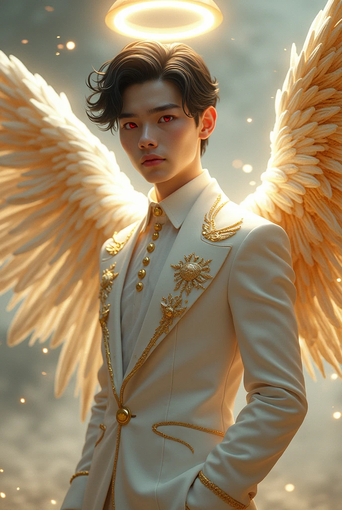 20 year old white skinned boy
White skin, elegantly combed black hair
Bright red eyes
Wearing an elegant and expensive white suit with gold details, with an angel halo on the head
Sixteen pairs of golden angel wings