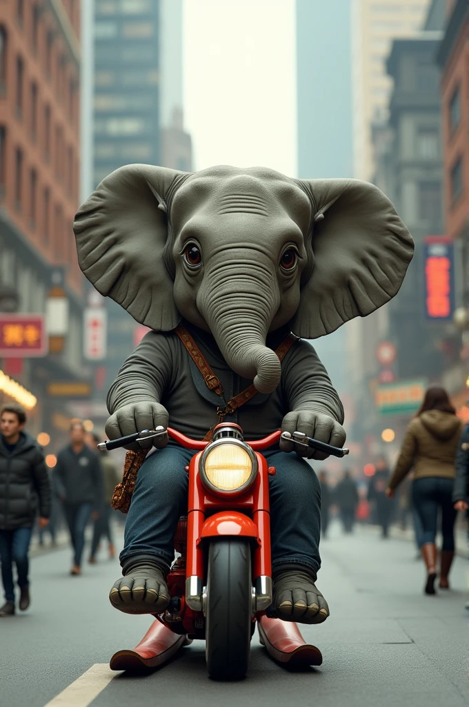 Rocking elephant rides mini bike in the middle of the city