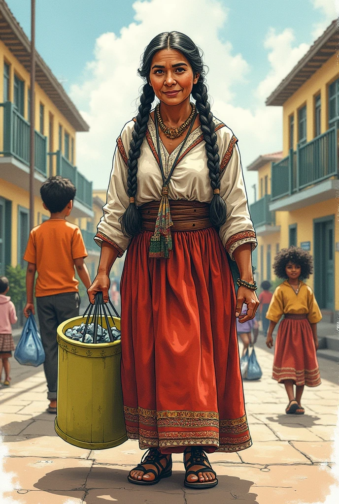 Adult recycling woman grandmother in Aymara skirt with two braids, head on, and with recycling tools leaving their children at school using a watercolor illustration style