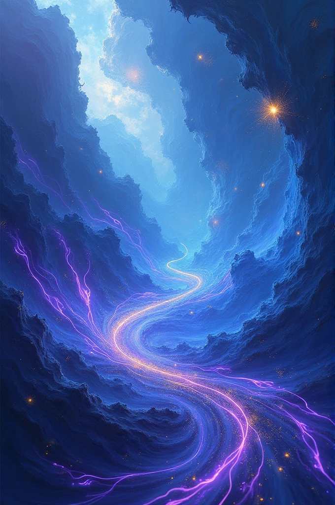 An epic dynamic image of blue colors, with purple trails and golden spots 16 wide by 9 long 