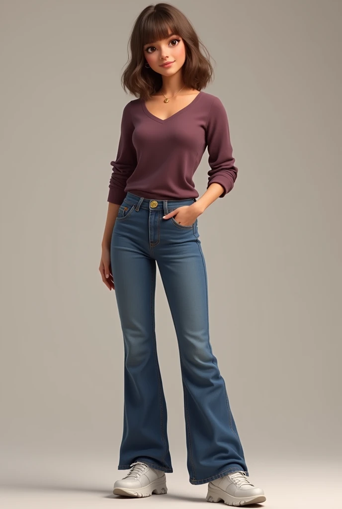 A 18 year old female with a slight hour glass body with a tight dark mauve colored shirt with sleeves rolled till below elbows and baggy flared jeans with white chunky sneakers, hazel eyes and light brown hair reaching her shoulders with curtain bangs
 