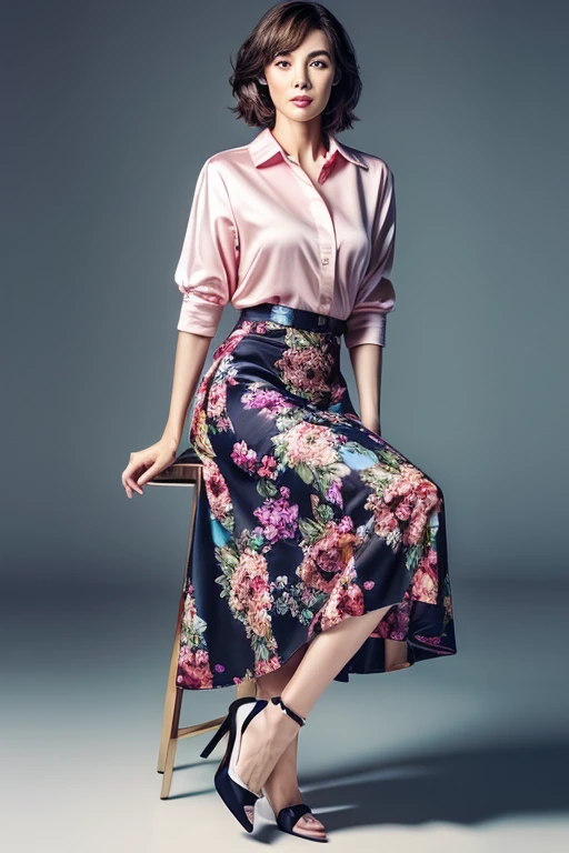 colorful shirt with collar、(long skirt with floral pattern:1.2)、(silk pantyhose)、(She is sitting, showing off her beautiful legs and high heels)、1 girl、(Delicate face、Detailed eyes and face、double eyelid、Glossy lips)、Moisturized skin、Highly detailed face and skin texture、Two well-balanced legs、((Highest quality、Ultra-high resolution、masterpiece、8k))、((Perfect Anatomy、Anatomically correct))、(Full Body Portrait)、Modern architecture at night on the background、Professional Lighting