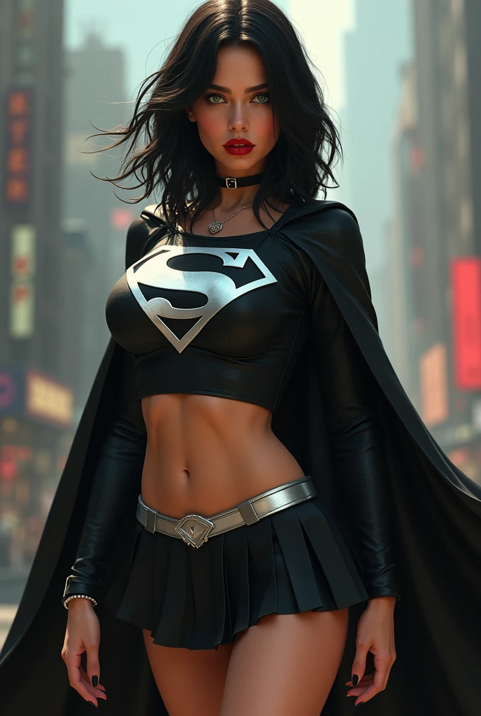 A BUSTY SEXY FEMALE WITH MEDIUM LONG MESSY BLACK HAIR, DREAMY GREEN EYES, WEARING A ONE PIECE BLACK SUPERGIRL TOP WITH A BIG SHINY SILVER "S" EMBLEM ON HER CHEST, A PLEATED SHORT BLACK SKIRT WITH A SILVER LEATHER BELT, LONG BLACK BOOTS WITH SILVER TRIM, AND A LONG BLACK CAPE. RED LIPSTICK, RED FINGERNAILS. INCREDIBLY DETAILED GLOWING SKIN, INCREDIBLEY DETAILED FACE, INCREDIDBLEY DETAILED CLOTHING, TEXTURED SKIN PORES, TEXTURED HAIR, 8K ABSURD RESOLUTION, MASTERPIECE. PHOTO REALSITIC, HYPER REALISTIC. CHAOTIC BACKGROUND. 16K RESOLUTION. PREFESSIONAL GRADE IMAGE.