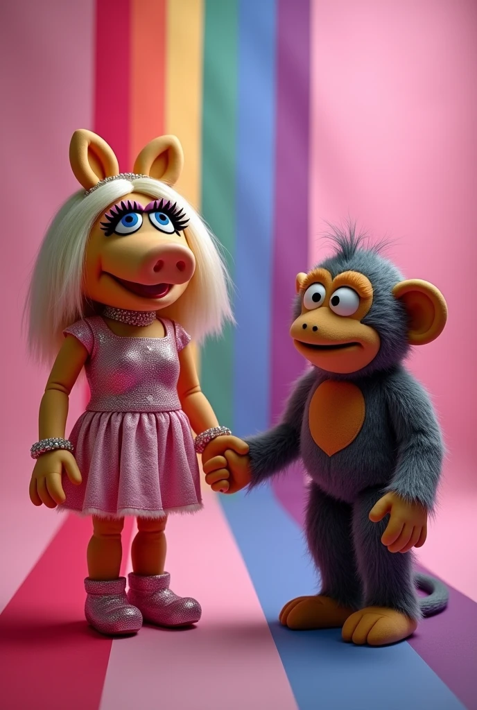 an image of the muppets' miss piggy holding hands with a realistic monkey, with a lesbian flag in the background