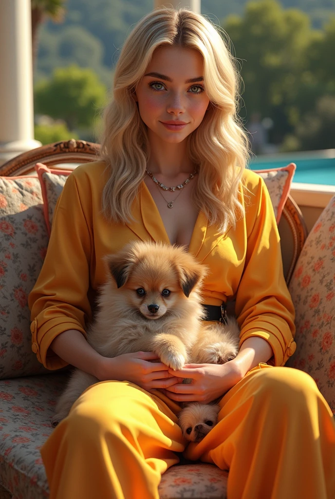 An upper class teenager, blonde with combed and wavy hair, maraca clothes and dog on lap