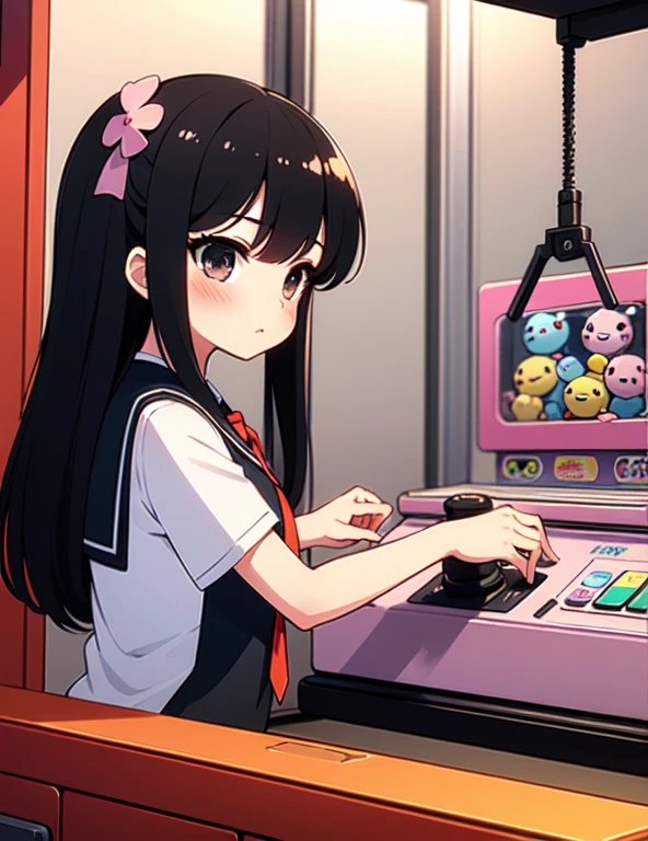 (((masterpiece))), (((Highest quality))), ((Claw Machine)), Place your hand on the bottom panel, Operate the long joystick、Press the button, Use the clamp to lift the toy, One person, Komi Shoko, shy, blush, school uniform, Claw Machine, Rear View,
