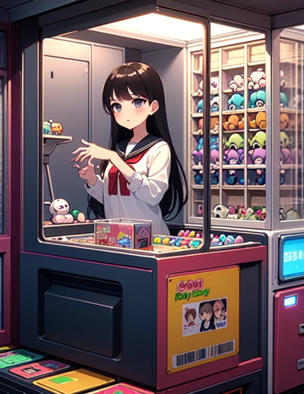 (((masterpiece))), (((Highest quality))), ((Claw Machine)), Place your hand on the bottom panel, Operate the long joystick、Press the button, Use the clamp to lift the toy, One person, Komi Shoko, shy, blush, school uniform, Claw Machine,  Rear View,