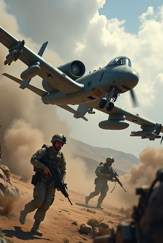 Create an A-10 Thunderbolt to support infantry, I want the infantry to appear too and the plane flying