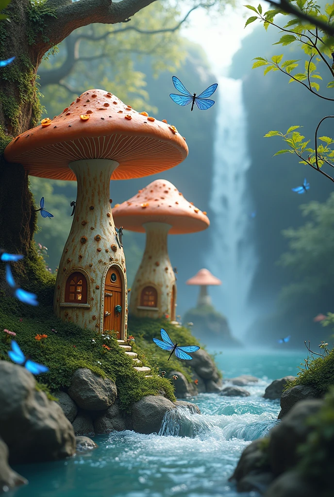 Mushroom houses standing by a waterfall and blue dragonflies