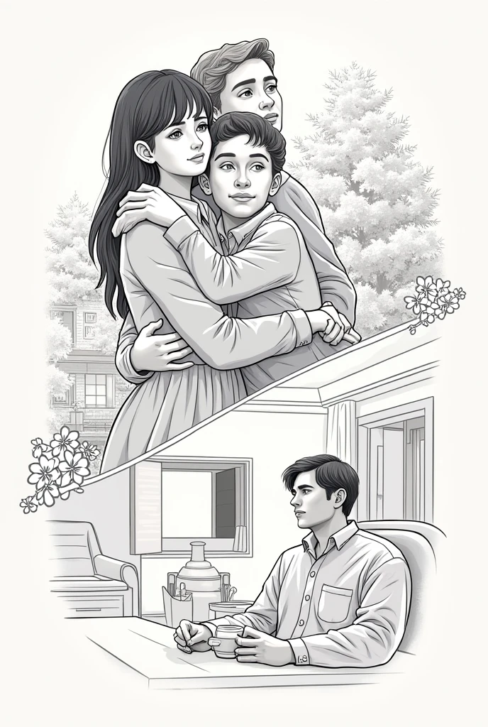 Create a lineart illustration Setting: For an illustration that bridges the two moments, you could show Marine being welcomed by the Behan family in one half of the image, while in the other half, Mel is in the Congregation office, reflecting on Sarah's progress and listening to the mysterious noise. The transition could be smoothly outlined, with the emotions of each setting serving as the link between the scenes.