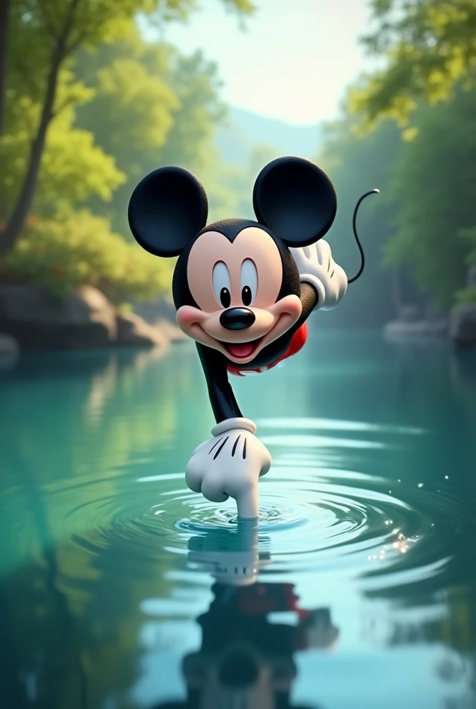 Mickey Mouse flies over the top of a lake and sticks a finger in the water 
