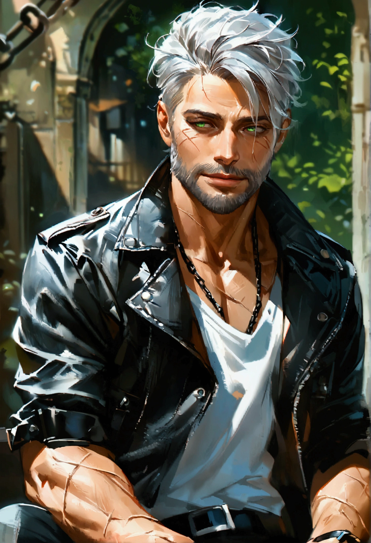 Realistic Digital Painting with Concept Art Elements"," digital painting," "concept art," "realistic," "high detail", "muscular",, "high-res", "ominous aura,", "8k resolution", "oil painting", "darker tone" , "little saturation" ,"dark feeling", "concept art" , "detailed features" , "detailed eyes" "1man" , "short beard black" , , "sitting" , "attractive", (masterpiece), best quality, expressive eyes, perfect face, Male, Silver hair, green eyes, ,black leather jacket, black pants with chains, portrait, white t-shirt, handsome, nonchalant and tired, sexy, muscular, scars across chest, biker, laughing, rubbing the back of his neck, laughing