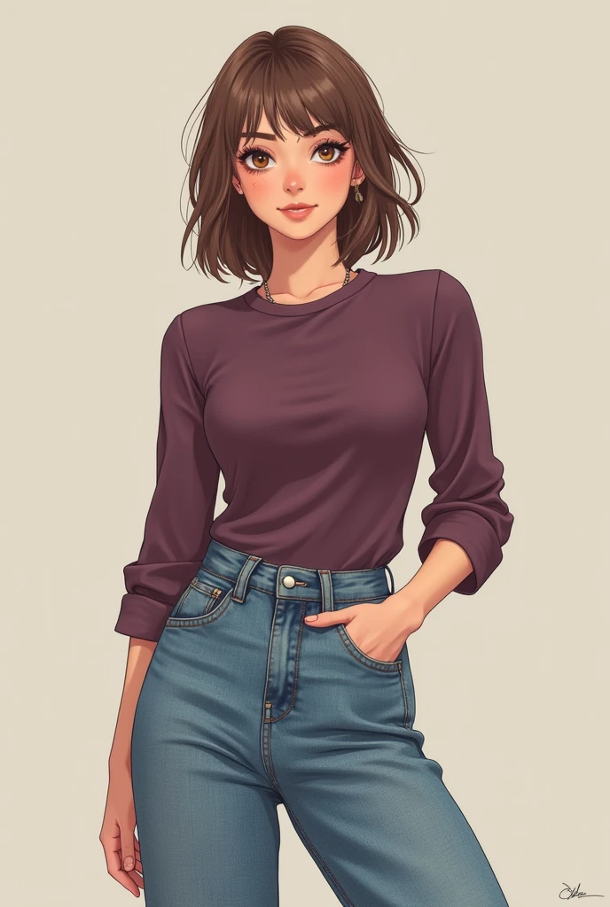 A 18 year old female with a slight hour glass body with a tight dark mauve colored shirt with sleeves rolled till below elbows and baggy flared jeans with white chunky sneakers, hazel eyes and light brown hair reaching her shoulders with wolf cut