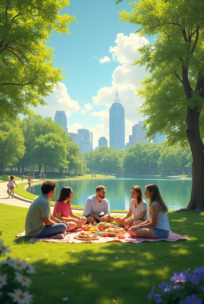 Perfect spring day with, parks and gardens, picnic, Parks and lakes, sunny atmosphere, with a park in the background, in a city park, central Park, promotional shot, Spring season, high resolution image