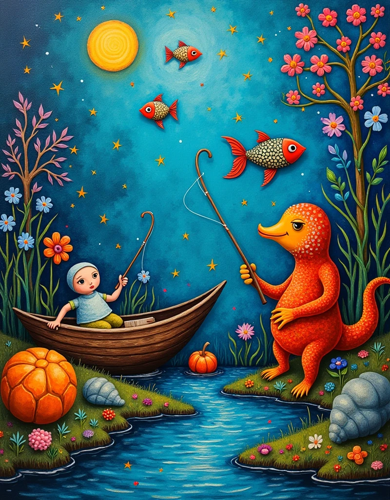 fishing ((Mordecai-Ardon / Marc Chagall style!)), magical naive art, primitivism, protogen, ((Best quality, masterpiece)),
((((Highest detail), Impressionism:1,1, 8K