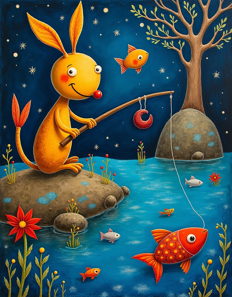 fishing ((Mordecai-Ardon / Marc Chagall  style!)), magical naive art, primitivism, protogen, ((Best quality, masterpiece)),
((((Highest detail), Impressionism:1,1, 8K