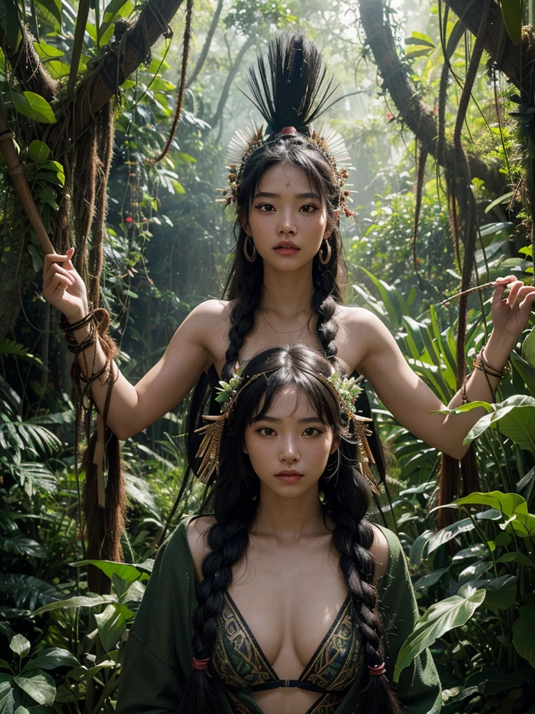 An extraordinary and vividly rendered scene, deep within the heart of an Amazonian tribe, where the beauty of nature intersects with the raw human form. At the center, a group of young, nude Korean females, their skin kissed by the sun and adorned with intricate, tribal tattoos, stand proudly in a semi-circle, showcasing their athletic bodies and fierce expressions. Their hair, as dark as the jungle night, is styled in elaborate braids and feathered headdresses, signifying their belonging to this ancient and mysterious culture. They are surrounded by the lush, verdant foliage of the rainforest, with vines and flowers weaving around their limbs, creating a natural yet striking contrast against their forms. Each woman holds a weapon forged from the jungle itself—spears, bows, and knives made from the strongest local materials—reflecting their roles as huntresses and protectors of the tribe. Their eyes, alight with wisdom and strength, seem to pierce through the dense canopy above, hinting at a deep connection with the spirits of the forest. The light filters through the leaves