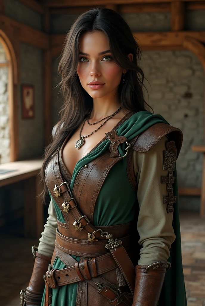 ((Photorealistic, Ultra HD, Highest Quality, best lighting)) A woman of about 20 years old in a medieval tavern with walls made of wood and a stone floor, she is a warrior and has a sword at her waist, she has dark brown shoulder-length hair, green eyes, and warrior clothing.