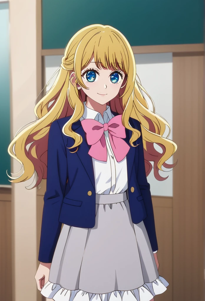 oshi_no_ko_style,blonde,sidecurls,fringe bangs,blue eyes,long eyelashes,cowboyshot,standing,soft smile,long hair,masterpiece,highres,absurdres,ojou curls,(BOW, SCHOOL UNIFORM, JACKET, BOWTIE, PINK BOW, GREY SKIRT, BLUE JACKET, OPEN JACKET, SHIRT, GREY SKIRT, WHITE SHIRT, LONG SLEEVES,solo, ruffled bow, extremely detailed,a-line skirt,knee length skirt,detailed eyes,black vest underneath jacket)