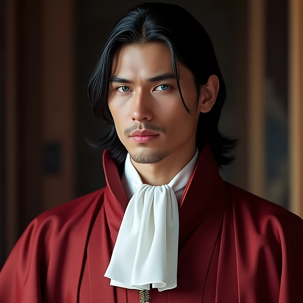 (photorealism:1.2), handsome man, waist-length black hair, narrowed blueish-gray eyes, fair skin, formal, elegant, fancy, well defined, extremely handsome man, formal, red robes, maroon robes, dark red robes