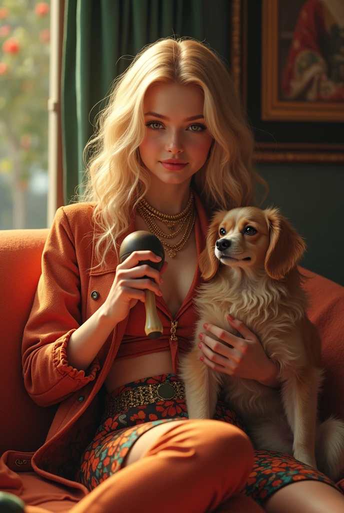 An upper class teenager, blonde with long wavy hair, maraca clothes and dog on lap