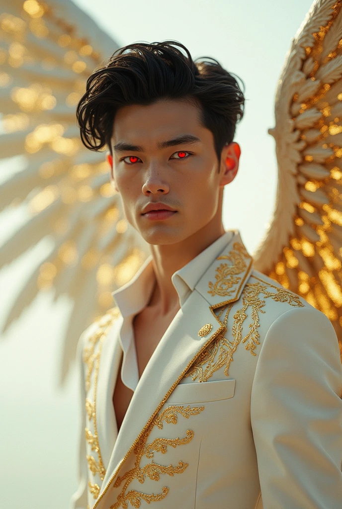create a 3D photograph of a handsome Filipino Angel of love have korean hair style,written his name on her chest "Cloud".in a gold font,with number 69 background and smoke and lightning, create a beautiful work realistic high resolution HD,